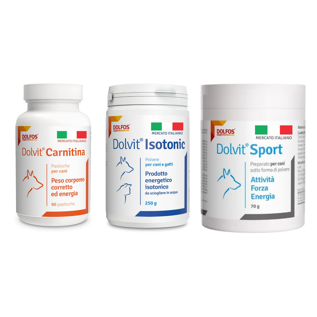 Kit Caccia Dolvit: Carnitina 90 pasticche, Isotonic 250 g, Sport 70 g