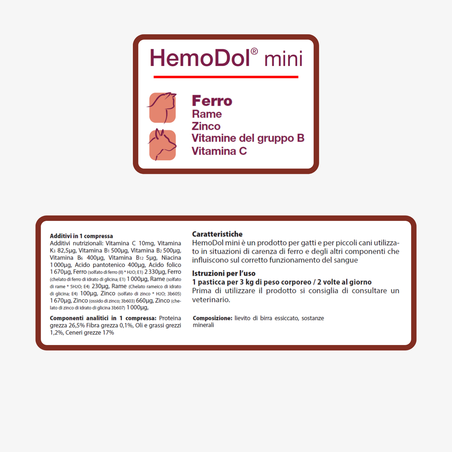 HemoDol mini 60 ".. Ferro chelato, Zinco chelato, Rame chelato, Vitamine .... "