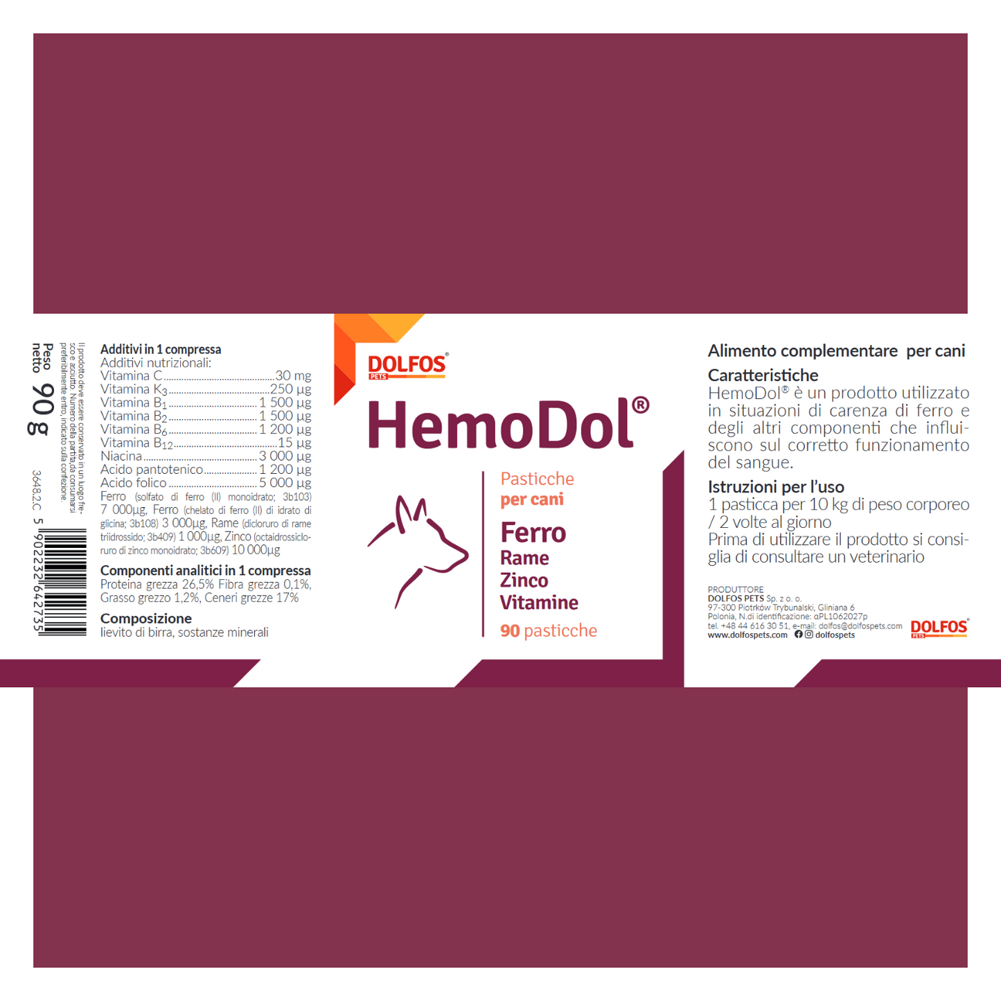 HemoDol 90 ".. Ferro chelato, Zinco chelato, Rame chelato, Vitamine .... "