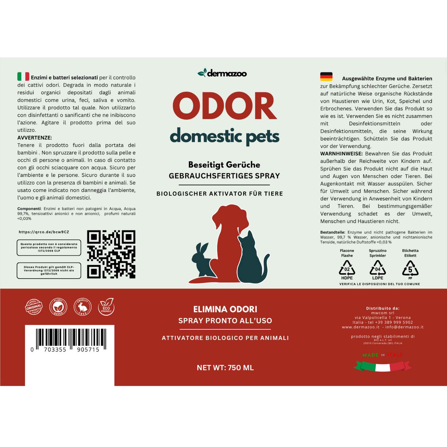 Dermazoo - ODOR PETS - Elimina odori e Macchie per Cani e Gatti