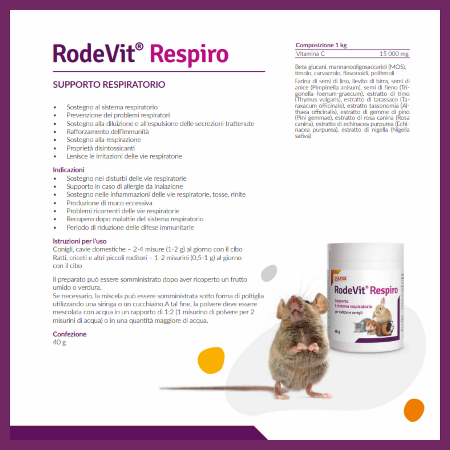 RodeVit Respiro 40 " .. supporto alle vie respiratorie di conigli e roditori ..."