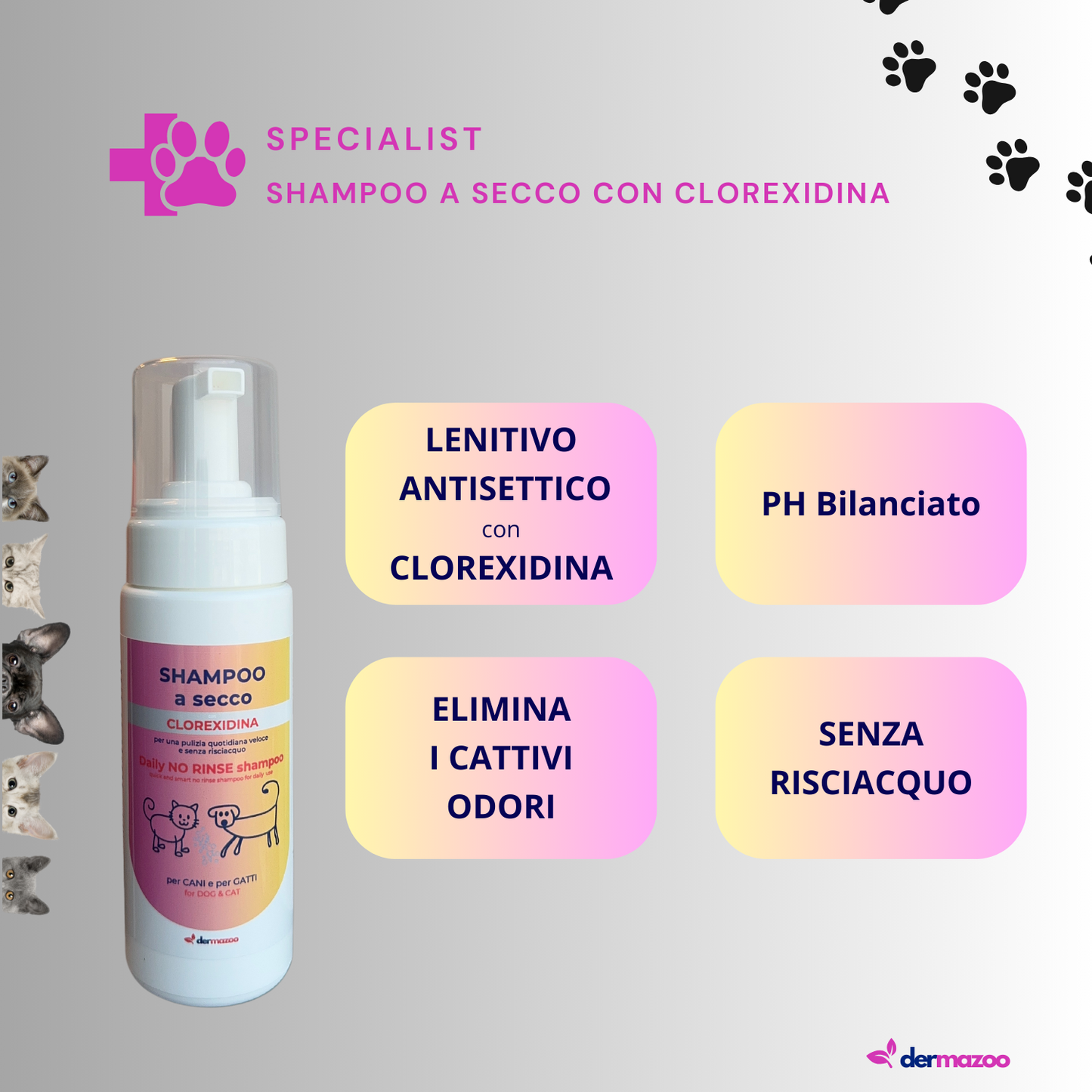Shampoo a secco con Clorexidina " .. 190 ml di mousse per lavaggio veloce e senza risciacquo "