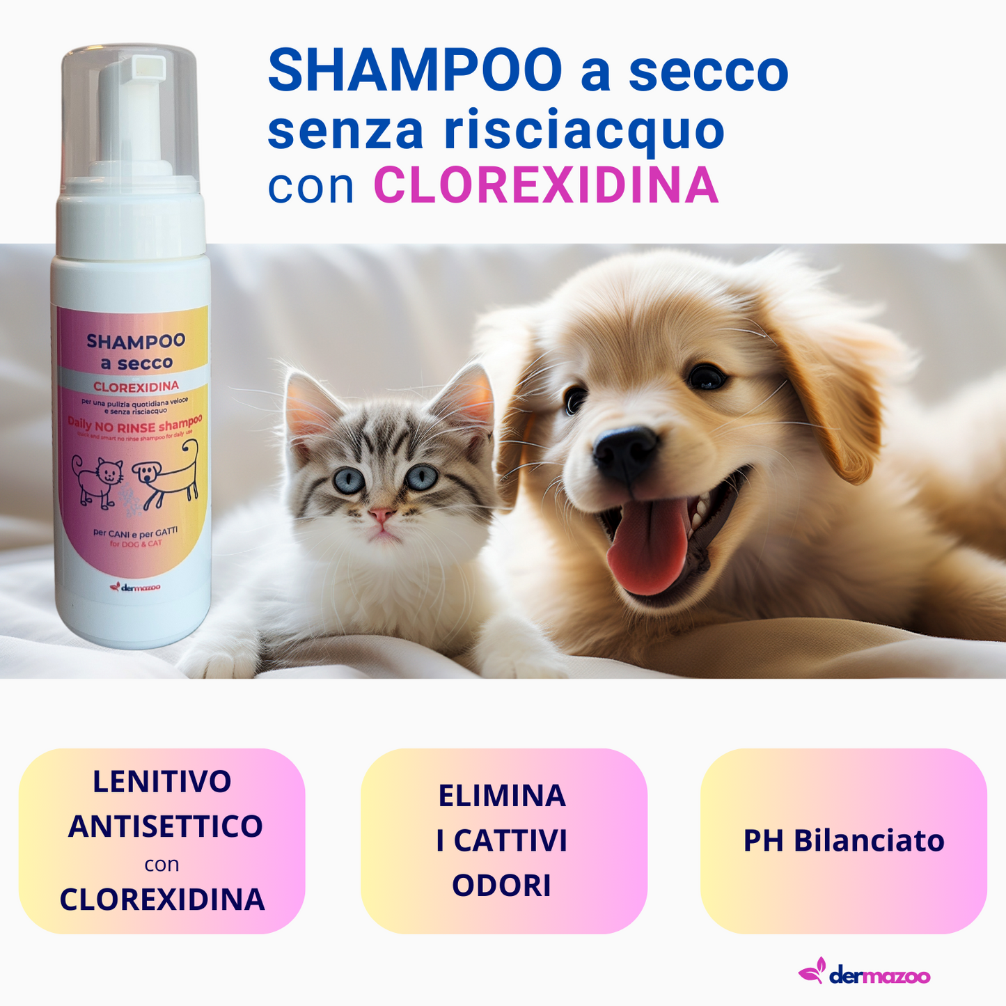 Shampoo a secco con Clorexidina " .. 190 ml di mousse per lavaggio veloce e senza risciacquo "