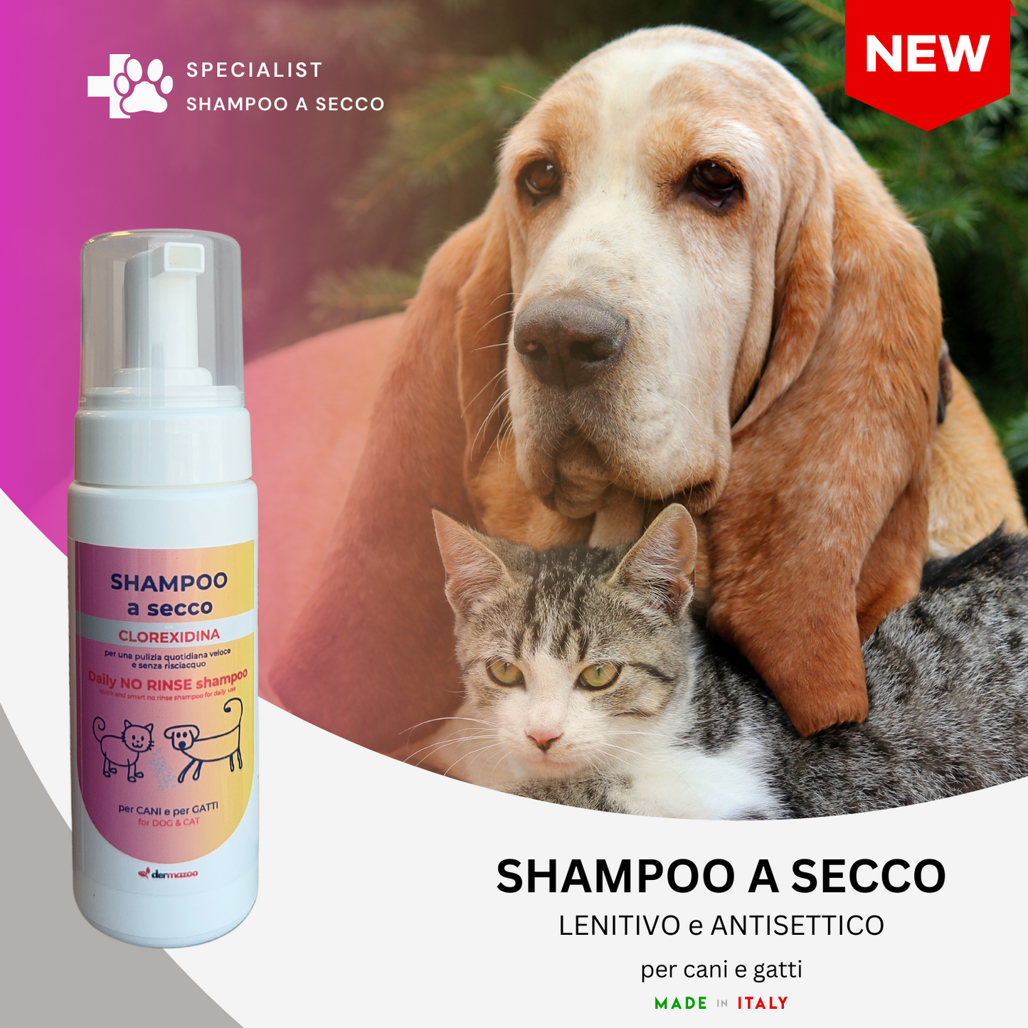 Shampoo a secco con Clorexidina " .. 190 ml di mousse per lavaggio veloce e senza risciacquo "
