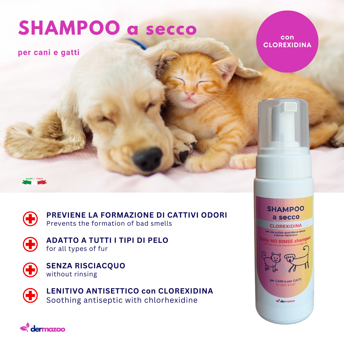 Shampoo a secco con Clorexidina " .. 190 ml di mousse per lavaggio veloce e senza risciacquo "