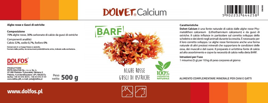Dolvet Calcium 500 - fonte naturale di calcio a base di alghe rosse e gusci di ostriche, per rafforzare le ossa, i muscoli, il cuore ...